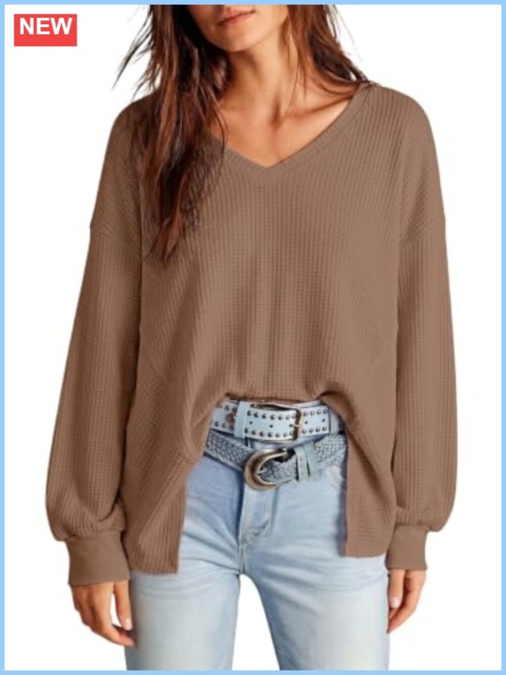 Waffle Knit Oversized T Shirt V Neck Lantern Sleeve Raw Hem Womens Top